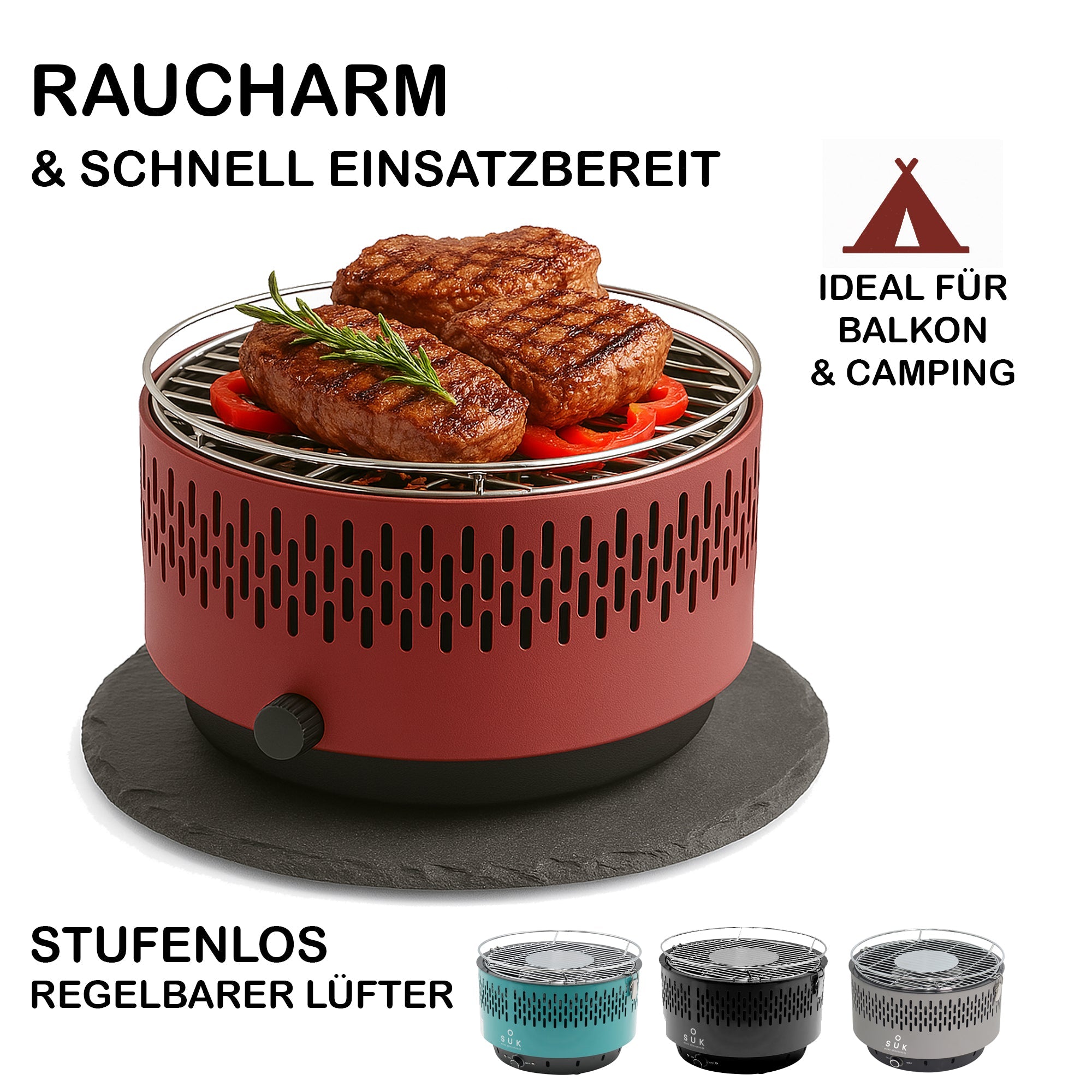 Stolní gril červený s aktivním větráním